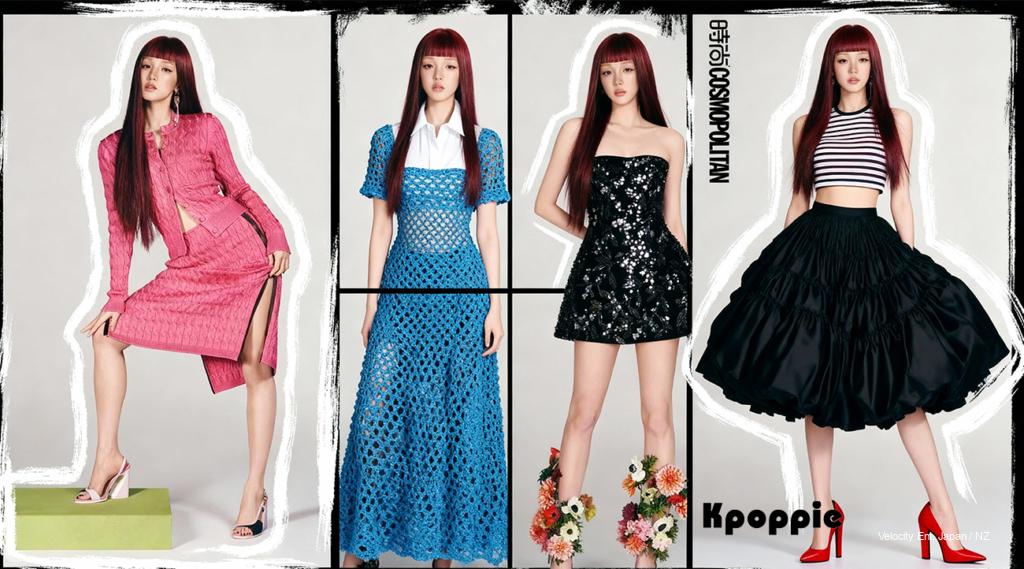 Rising K-pop idol in 2026 couture editorial blending Seoul streetwear and Paris runway trends.